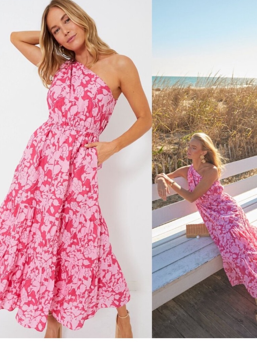NWT Hyacinth House Sybil Pink Floral One Shoulder Maureen Maxi Dress Size Small